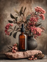 Amber Dropper Bottle with Floral Composition on Stone Background