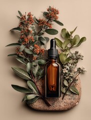 Amber Dropper Bottle with Floral Composition on Stone Background