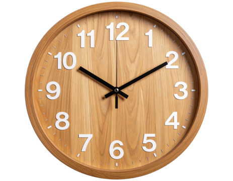Hanging wooden wall clock with modern minimalist numbers, isolated on a transparent background