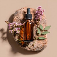 Amber Dropper Bottle with Floral Composition on Stone Background