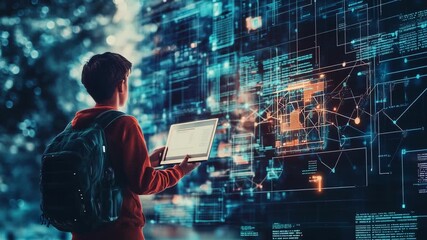 A boy analyzes complex data graphics on a tablet while surrounded by glowing display with information - Powered by Adobe