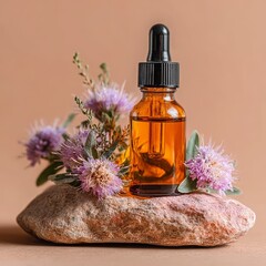 Amber Dropper Bottle with Floral Composition on Stone Background