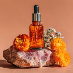 Amber Dropper Bottle with Floral Composition on Stone Background