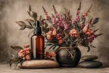 Amber Dropper Bottle with Floral Composition on Stone Background