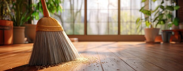 The broom resting on a wooden floor in a sunlit indoor space.