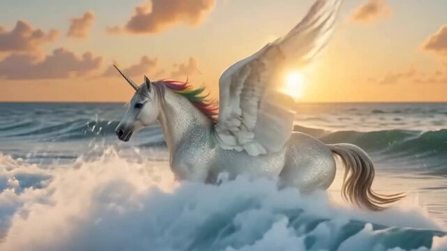 A majestic winged unicorn gallops through the ocean at sunset, with vibrant clouds and shimmering waves in the background.