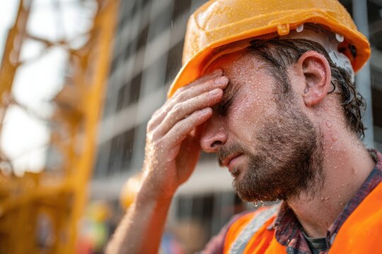 Sweating Worker: Tired Construction Supervisor Wiping Forehead on Busy Job Site