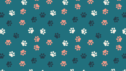 Seamless colorful paw print pattern on teal background. Cute dog and cat footprints in coral, white, and dark blue perfect for pet fabric, kids' decor, digital paper, and animal-themed designs