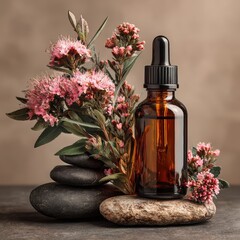 Amber Dropper Bottle with Floral Composition on Stone Background