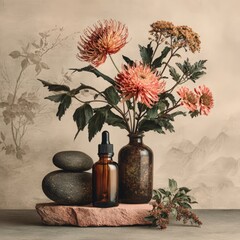 Amber Dropper Bottle with Floral Composition on Stone Background