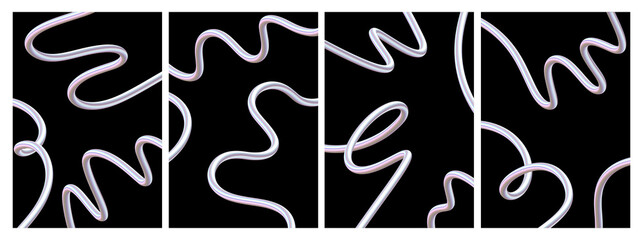 Feminine Glow Scribble Line Art Pack. Iridescent 3D Scribbles in Pink Pearl Tones on Black Background. Soft Glow Digital Design Elements.