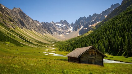 Obraz premium Idyllic Mountain Valley Landscape with Wooden Cabin and Flowing River on a Sunny Day in the Alps