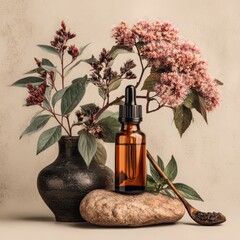Amber Dropper Bottle with Floral Composition on Stone Background