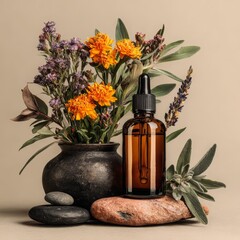 Amber Dropper Bottle with Floral Composition on Stone Background