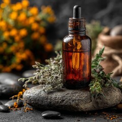 Amber Dropper Bottle with Floral Composition on Stone Background