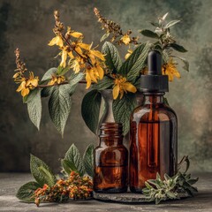 Amber Dropper Bottle with Floral Composition on Stone Background