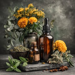 Amber Dropper Bottle with Floral Composition on Stone Background