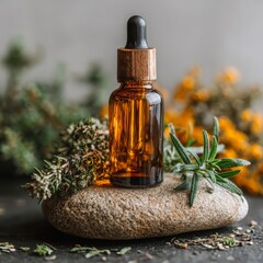 Amber Dropper Bottle with Floral Composition on Stone Background
