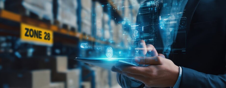 The tablet displays holographic data analytics in a modern warehouse environment.