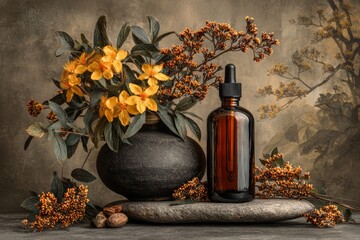 Amber Dropper Bottle with Floral Composition on Stone Background