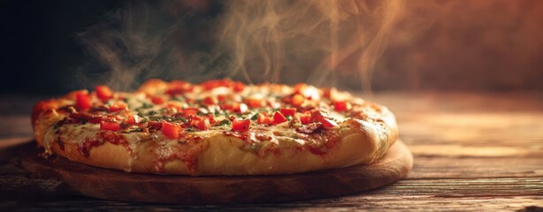 The steaming pizza with fresh toppings served on a rustic wooden board.