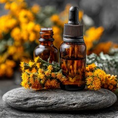Amber Dropper Bottle with Floral Composition on Stone Background