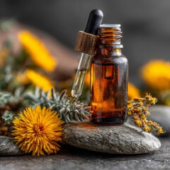 Amber Dropper Bottle with Floral Composition on Stone Background