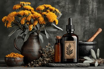 Amber Dropper Bottle with Floral Composition on Stone Background