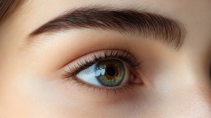 Fototapeta premium Close-up of a woman's eyes with well-defined eyebrows, full lashes, and smooth skin, highlighting meticulous grooming. Concept of beauty, eyebrow shaping kit, grooming and natural brow look.
