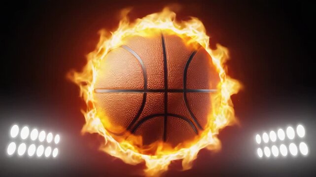 Flaming basketball with bright stadium lights on both sides against a dark background.