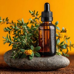 Amber Dropper Bottle with Floral Composition on Stone Background