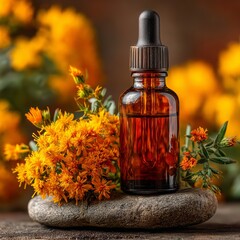 Amber Dropper Bottle with Floral Composition on Stone Background
