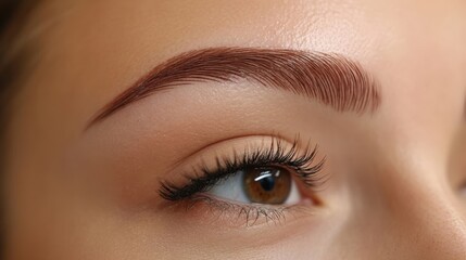 Obraz premium Close-up of a woman's eyes with well-defined eyebrows, full lashes, and smooth skin, highlighting meticulous grooming. Concept of beauty, eyebrow shaping kit, grooming and natural brow look.