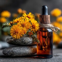 Amber Dropper Bottle with Floral Composition on Stone Background