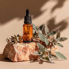 Amber Dropper Bottle with Floral Composition on Stone Background