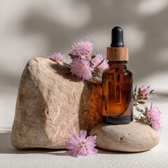 Amber Dropper Bottle with Floral Composition on Stone Background