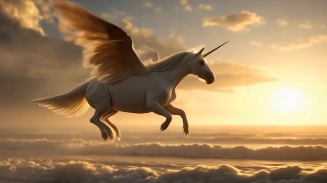 A majestic winged unicorn soars above the ocean waves against a backdrop of a vibrant sunset.