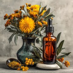 Amber Dropper Bottle with Floral Composition on Stone Background