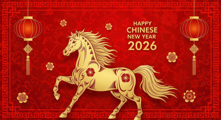 Chinese New Year 2026 greeting with golden horse illustration on vibrant red background. Celebrating Year of the Horse, festive decorations include traditional lanterns and floral motifs.
