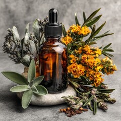 Amber Dropper Bottle with Floral Composition on Stone Background