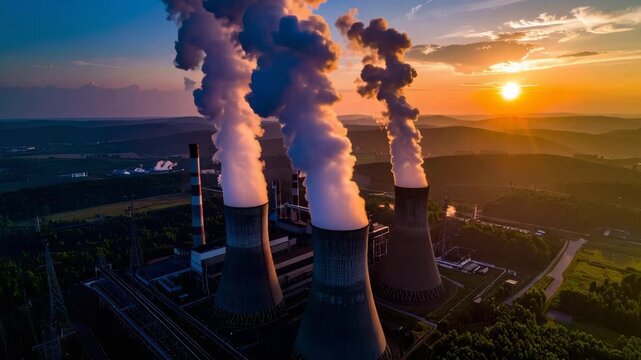 A stark, industrial scene featuring towering smokestacks belching plumes of steam against a vibrant sunset sky.
