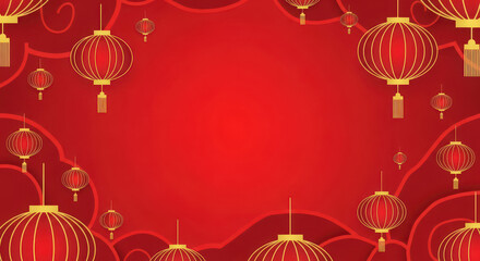 Traditional Chinese background for festive celebration with vibrant red color featuring decorative lanterns. Chinese New Year design includes intricate motifs and symbolic elements,