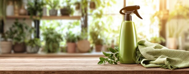 The vibrant green spray bottle on a wooden table surrounded by plants.