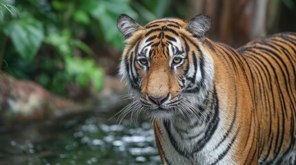 Obraz premium Thai Tiger. Malayan Tiger in Natural Tropical Habitat of Siamese Peninsula