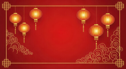 Traditional Chinese background with red lanterns and decorative elements for Chinese New Year. Festive scene features bright orange lanterns suspended against a vibrant red backdrop,