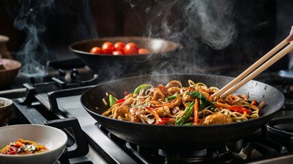 A close-up view of the culinary art of stir-frying, capturing delicious noodles and vegetables being tossed in a steaming wok.
