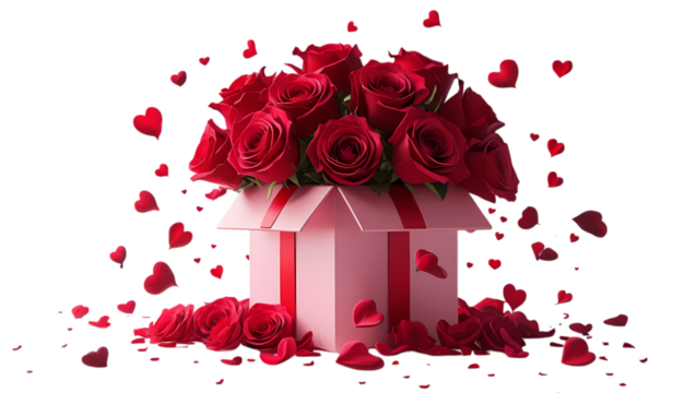 Beautiful bouquet of red roses in a pink decorative box with falling petals isolated on transparent background
