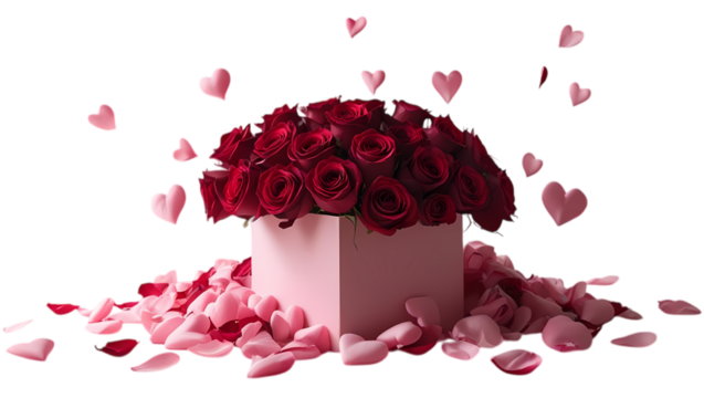 Romantic arrangement of deep red roses and pink hearts falling on a bed of petals isolated on transparent background
