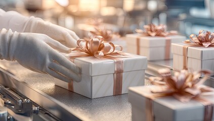 Hands in white gloves place wrapped gifts on a conveyor belt