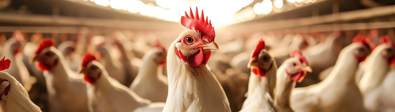 A bustling poultry farm filled with a variety of chickens, highlighting the scale of modern farming practices
